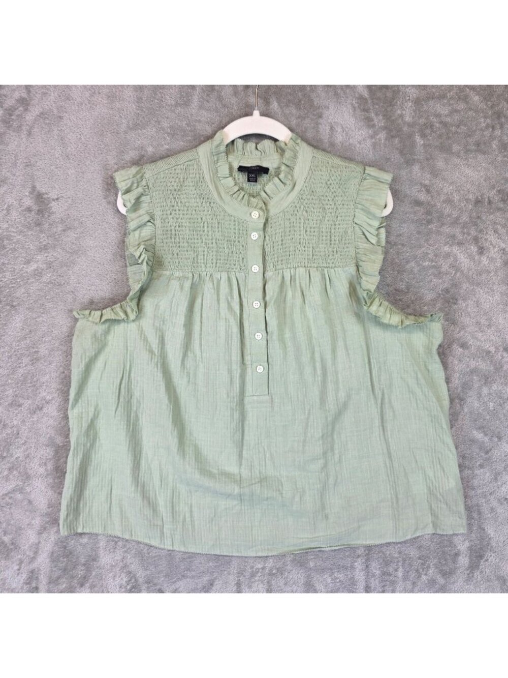 J.Crew Blouse Womens 2XL Green Mock Neck Sleeveless Ruffle Gauze Cotton Top